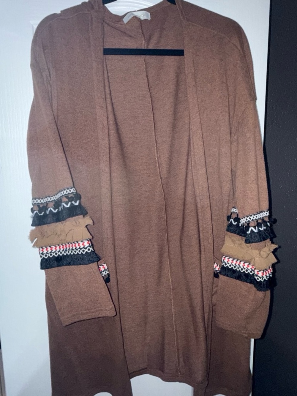 Women's Brown Open-Front Cardigan with Decorative Sleeve Trim